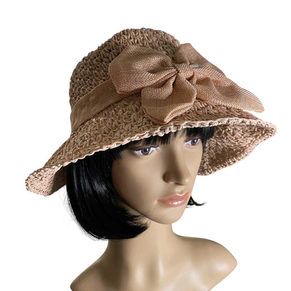 Women’s Straw Bucket Floppy Sun Hat 100% Paper with Flower Accent (Light Pink)